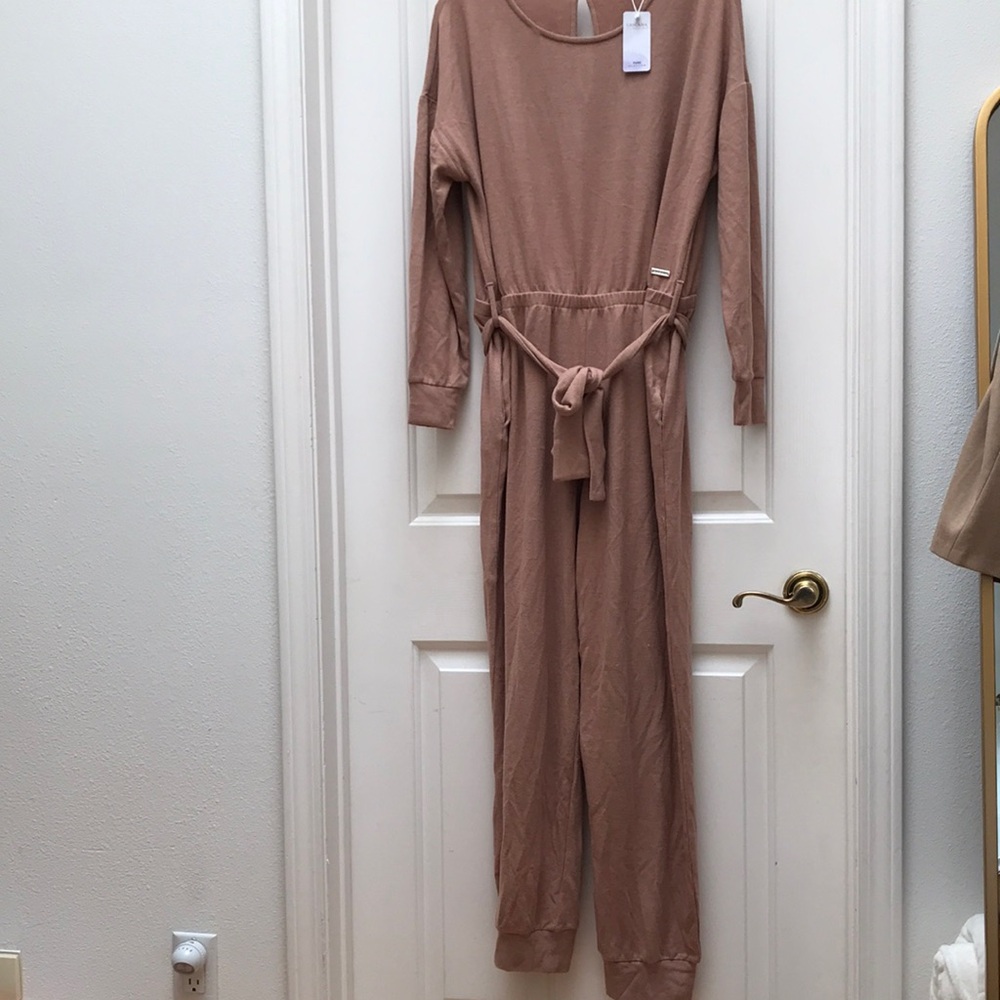 Mauve-Taupe Long Sleeve Tie-Waist Jumpsuit
